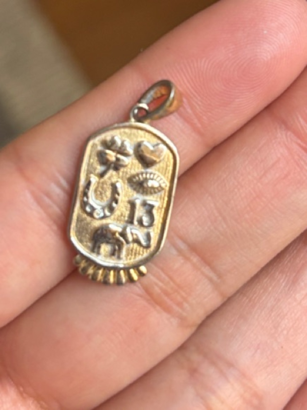 Anthropologie Gold Lucky Etched Pendant Necklace